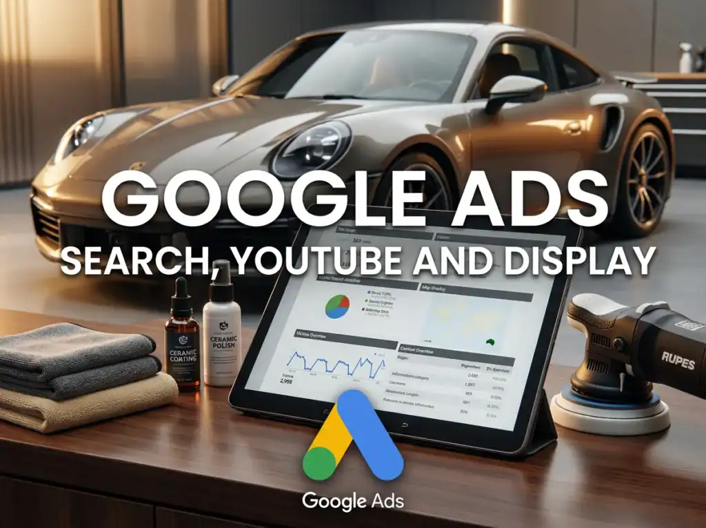 High-quality image of a sleek sports car with Google Ads dashboard for car care marketing.