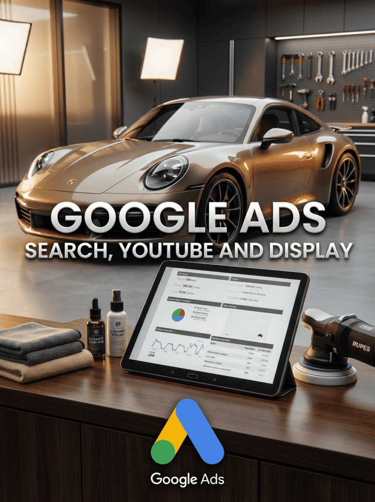 High-end Porsche sports car in a garage setting with Google Ads campaign management tools and digital marketing analytics.